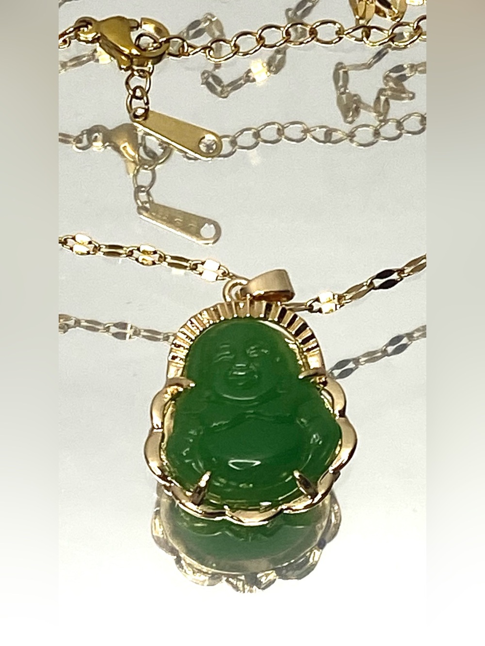Green Buddha Pendant Necklace w light box